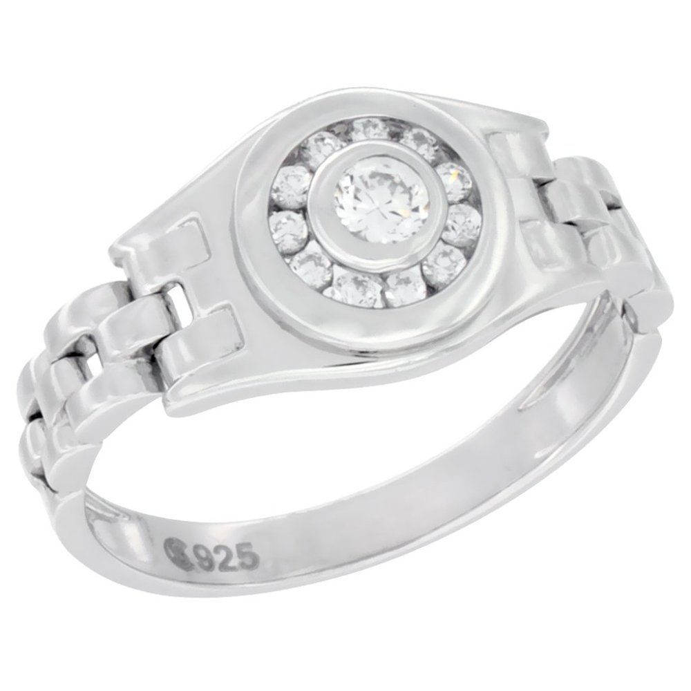 Rolex Mens Sterling Silver Round Ring With Bezel Set Cubic Zirconia Stones
